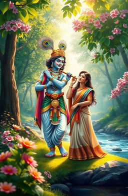 A serene depiction of Lord Krishna, the Hindu deity, standing gracefully with a young woman by his side in a lush, vibrant natural setting