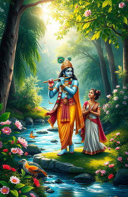 A serene depiction of Lord Krishna, the Hindu deity, standing gracefully with a young woman by his side in a lush, vibrant natural setting