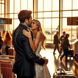 A romantic scene set in an airport, featuring a passionate couple embracing as they say goodbye