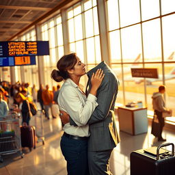 A romantic scene set in an airport, featuring a passionate couple embracing as they say goodbye