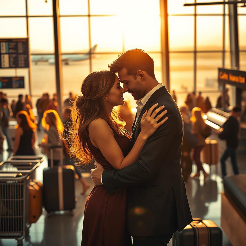 A romantic scene set in an airport, featuring a passionate couple embracing as they say goodbye