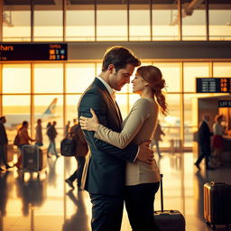 A romantic scene set in an airport, featuring a passionate couple embracing as they say goodbye