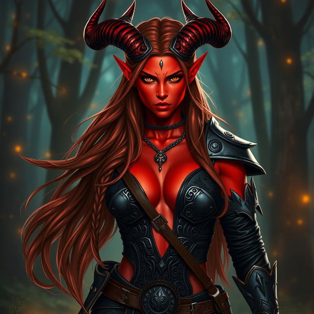 An epic depiction of a fiery and seductive female tiefling ranger with striking red skin and unique splitting horns