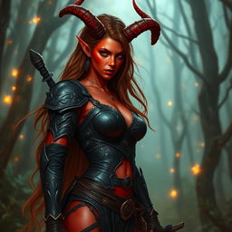 An epic depiction of a fiery and seductive female tiefling ranger with striking red skin and unique splitting horns