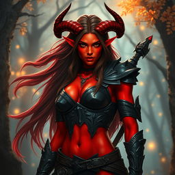 An epic depiction of a fiery and seductive female tiefling ranger with striking red skin and unique splitting horns