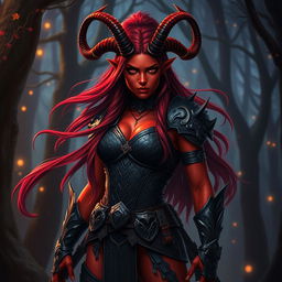 An epic depiction of a fiery and seductive female tiefling ranger with striking red skin and unique splitting horns