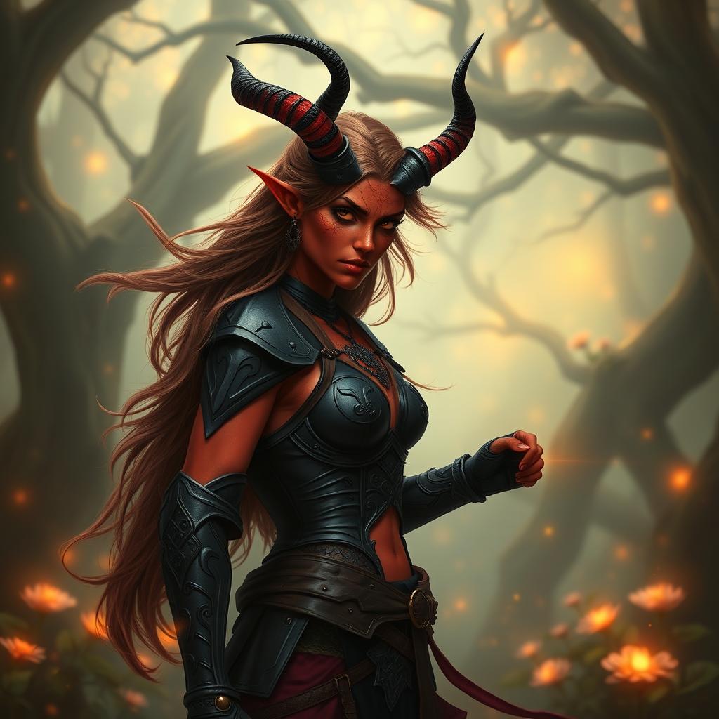 A mystic, fiery, and seductive female tiefling ranger with striking red skin and uniquely splitting horns