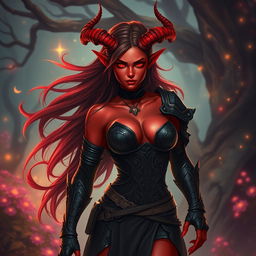A mystic, fiery, and seductive female tiefling ranger with striking red skin and uniquely splitting horns