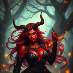 A mystic, fiery, and seductive female tiefling ranger with striking red skin and uniquely splitting horns