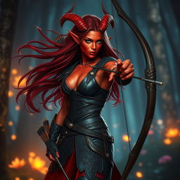 A mystic and fiery female tiefling ranger with captivating red skin and uniquely splitting horns