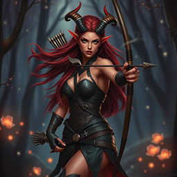 A mystic and fiery female tiefling ranger with captivating red skin and uniquely splitting horns