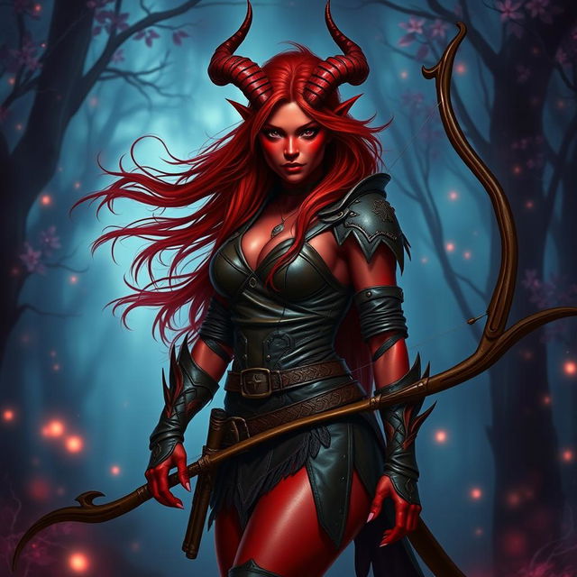 A mystic and fiery female tiefling ranger with captivating red skin and uniquely splitting horns