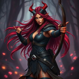 A mystic and fiery female tiefling ranger with captivating red skin and uniquely splitting horns