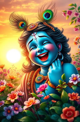 A joyful depiction of Lord Krishna laughing, surrounded by vibrant, blooming flowers and lush greenery