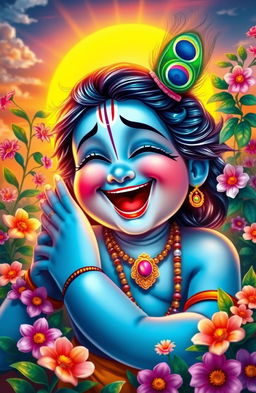 A joyful depiction of Lord Krishna laughing, surrounded by vibrant, blooming flowers and lush greenery