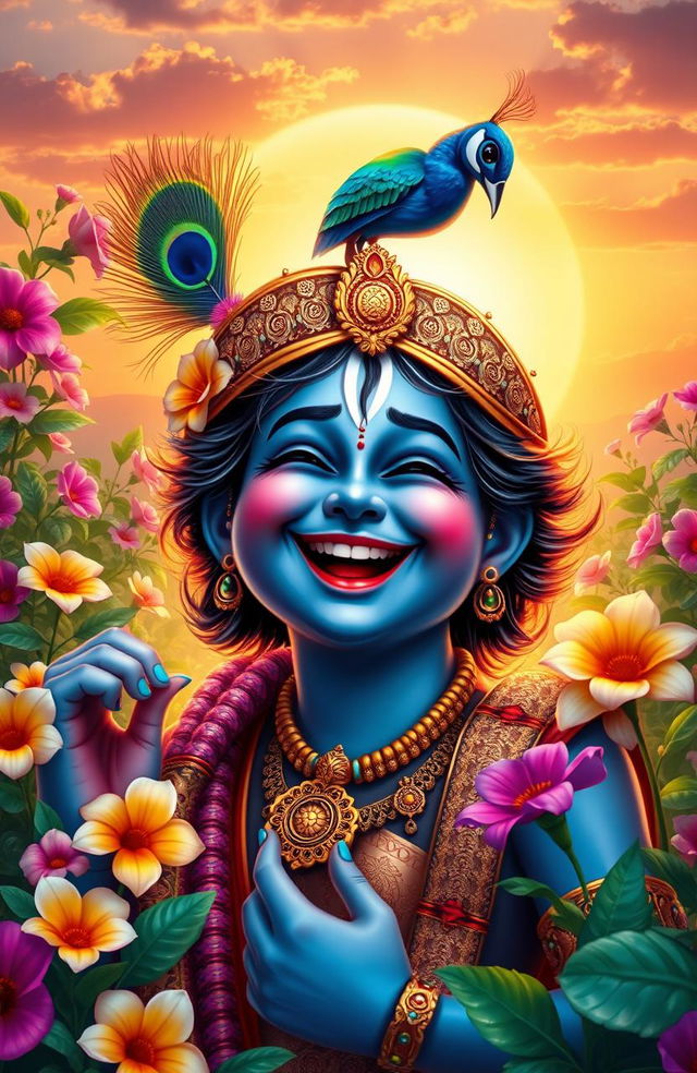 A joyful depiction of Lord Krishna laughing, surrounded by vibrant, blooming flowers and lush greenery