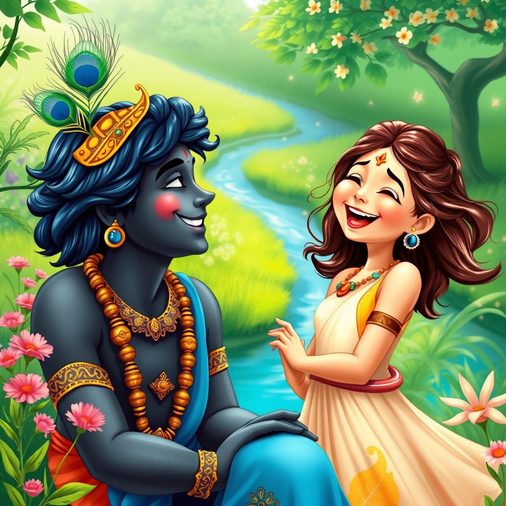 A joyful and vibrant depiction of Lord Krishna laughing joyfully beside a beautiful girl in a lush green landscape