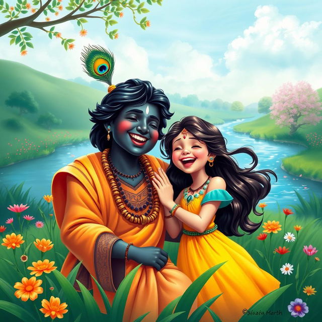 A joyful and vibrant depiction of Lord Krishna laughing joyfully beside a beautiful girl in a lush green landscape