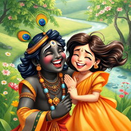 A joyful and vibrant depiction of Lord Krishna laughing joyfully beside a beautiful girl in a lush green landscape