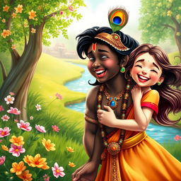 A joyful and vibrant depiction of Lord Krishna laughing joyfully beside a beautiful girl in a lush green landscape