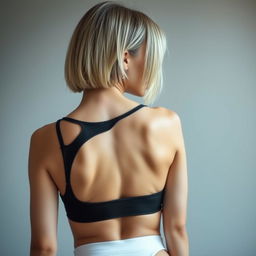 A young Caucasian woman with a bob haircut, wearing a black sports bra and a white thong, captured in a high-definition image