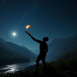 A striking silhouette of an African American figure with dark skin standing in a serene river valley, under a starry night sky