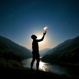 A striking silhouette of an African American figure with dark skin standing in a serene river valley, under a starry night sky