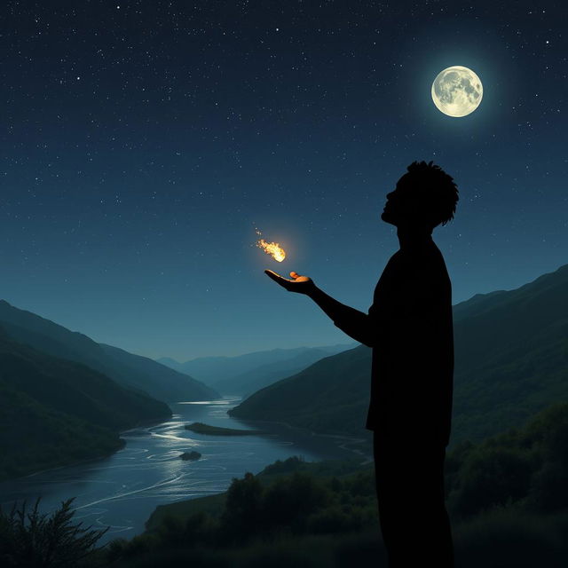 A striking silhouette of an African American figure with dark skin standing in a serene river valley, under a starry night sky