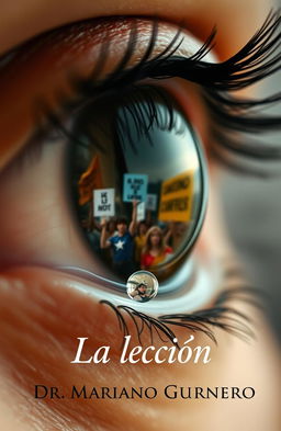 A close-up of an eye with a single tear falling down, beautifully reflecting a protest scene in the reflection