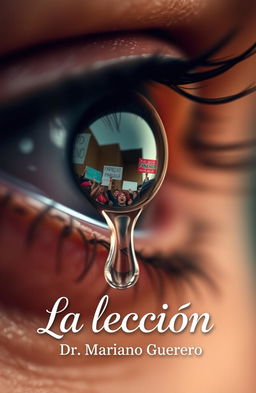A close-up of an eye with a single tear falling down, beautifully reflecting a protest scene in the reflection