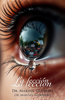 A close-up of an eye with a single tear falling down, beautifully reflecting a protest scene in the reflection