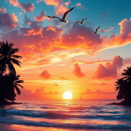 A stunning digital artwork of a vibrant sunset over a tranquil beach, featuring a serene ocean with gentle waves lapping at the shore, silhouetted palm trees swaying in the breeze, and colorful clouds reflecting hues of orange, pink, and purple in the sky