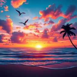 A stunning digital artwork of a vibrant sunset over a tranquil beach, featuring a serene ocean with gentle waves lapping at the shore, silhouetted palm trees swaying in the breeze, and colorful clouds reflecting hues of orange, pink, and purple in the sky