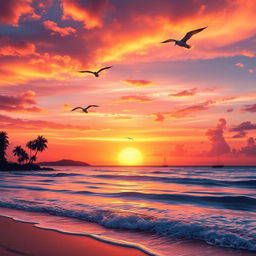 A stunning digital artwork of a vibrant sunset over a tranquil beach, featuring a serene ocean with gentle waves lapping at the shore, silhouetted palm trees swaying in the breeze, and colorful clouds reflecting hues of orange, pink, and purple in the sky