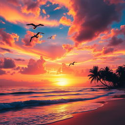 A stunning digital artwork of a vibrant sunset over a tranquil beach, featuring a serene ocean with gentle waves lapping at the shore, silhouetted palm trees swaying in the breeze, and colorful clouds reflecting hues of orange, pink, and purple in the sky