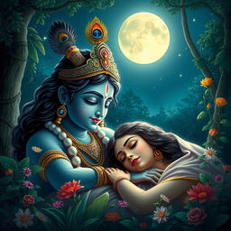 A serene and divine scene depicting Lord Krishna lovingly watching over a young woman as she peacefully sleeps in a tranquil forest glade