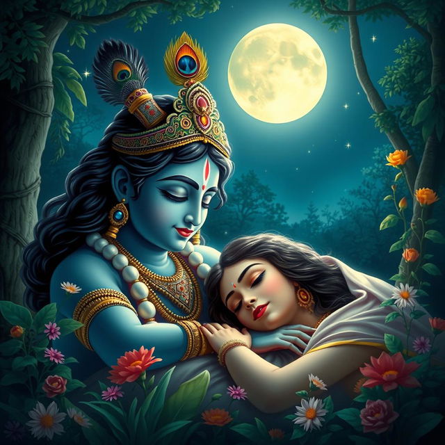 A serene and divine scene depicting Lord Krishna lovingly watching over a young woman as she peacefully sleeps in a tranquil forest glade