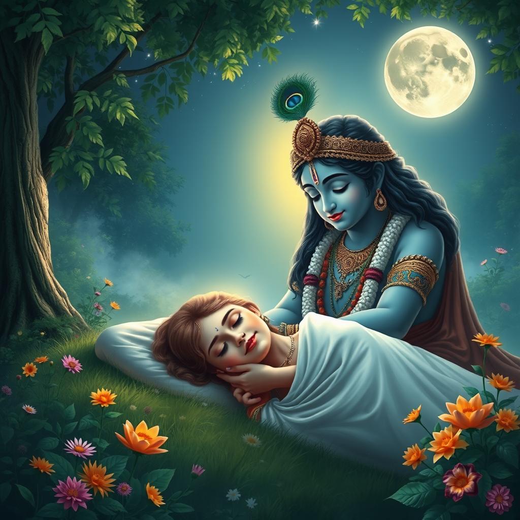 A serene and divine scene depicting Lord Krishna lovingly watching over a young woman as she peacefully sleeps in a tranquil forest glade