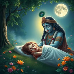 A serene and divine scene depicting Lord Krishna lovingly watching over a young woman as she peacefully sleeps in a tranquil forest glade