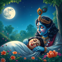 A serene and divine scene depicting Lord Krishna lovingly watching over a young woman as she peacefully sleeps in a tranquil forest glade