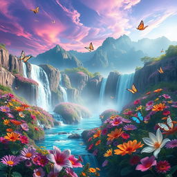 A parallel universe featuring a stunning, ethereal landscape with cascading waterfalls surrounded by vibrant flowerbeds