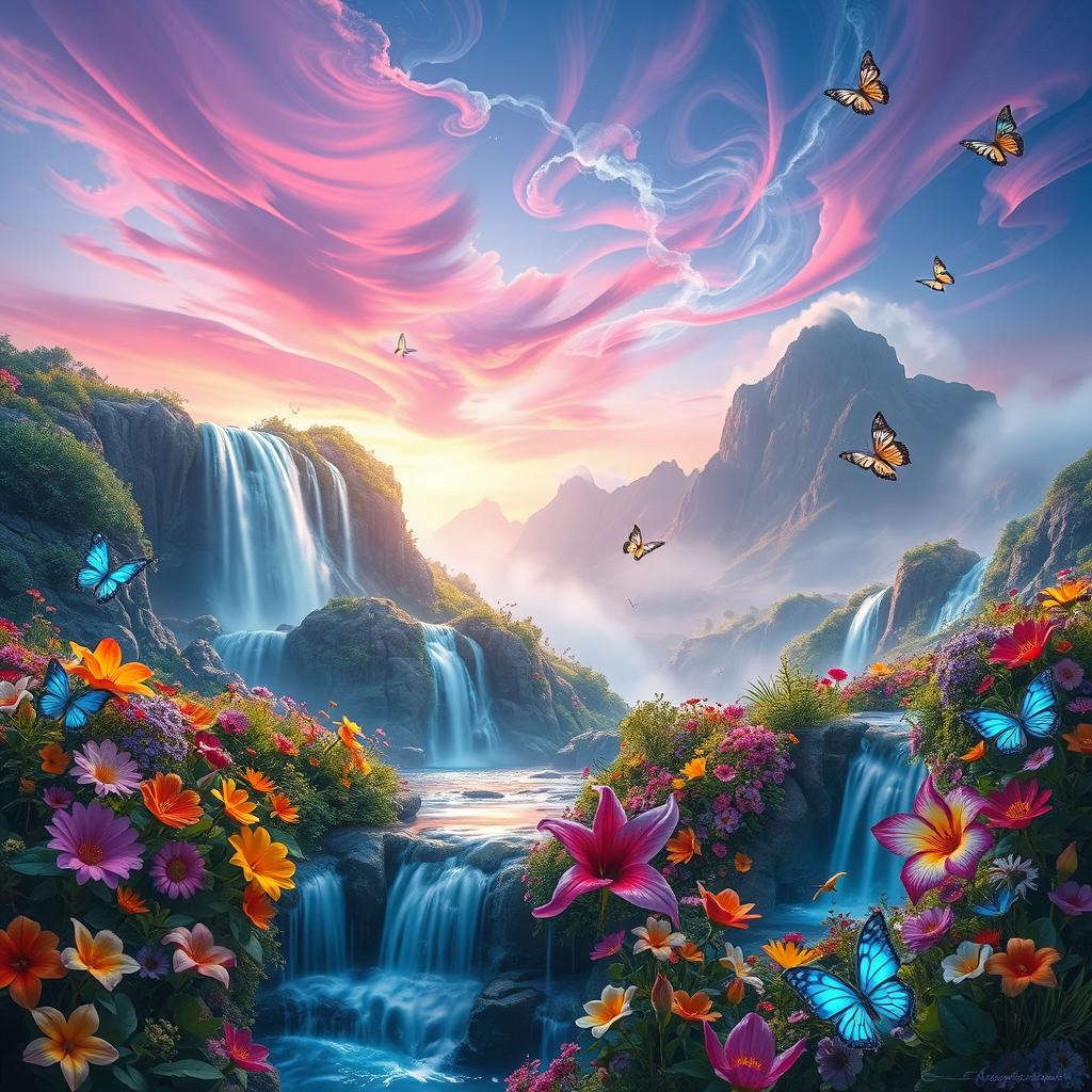 A parallel universe featuring a stunning, ethereal landscape with cascading waterfalls surrounded by vibrant flowerbeds