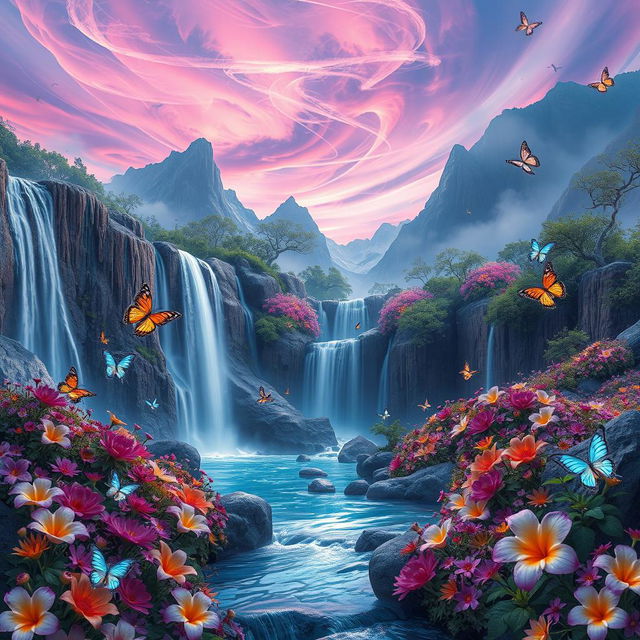 A parallel universe featuring a stunning, ethereal landscape with cascading waterfalls surrounded by vibrant flowerbeds