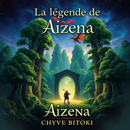 A fantasy book cover for "La légende de Aizena" by Chyvie BITOKI, featuring a majestic, lush green forest with towering ancient trees