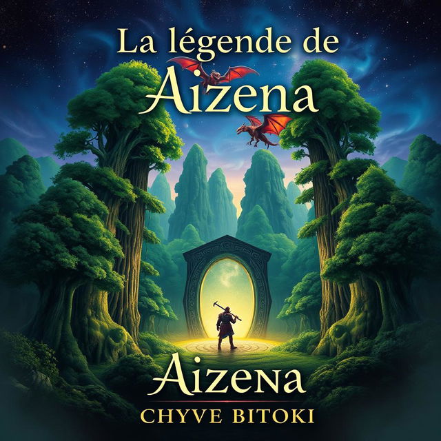 A fantasy book cover for "La légende de Aizena" by Chyvie BITOKI, featuring a majestic, lush green forest with towering ancient trees