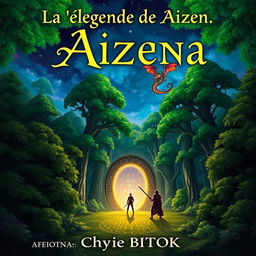 A fantasy book cover for "La légende de Aizena" by Chyvie BITOKI, featuring a majestic, lush green forest with towering ancient trees