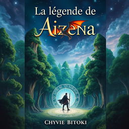 A fantasy book cover for "La légende de Aizena" by Chyvie BITOKI, featuring a majestic, lush green forest with towering ancient trees