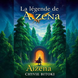 A fantasy book cover for "La légende de Aizena" by Chyvie BITOKI, featuring a majestic, lush green forest with towering ancient trees