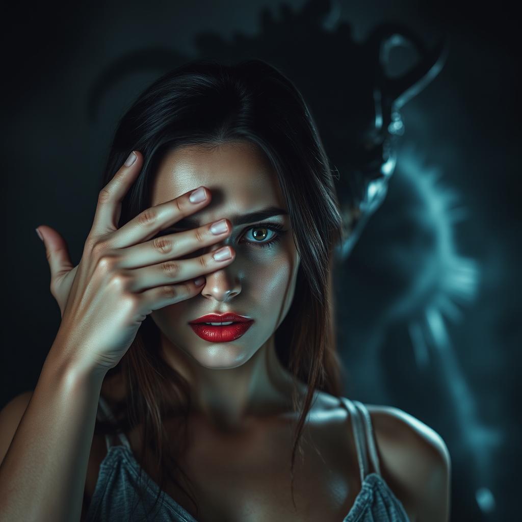 A beautiful woman with an expression of fear on her face, covering her left eye with one hand