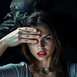 A beautiful woman with an expression of fear on her face, covering her left eye with one hand